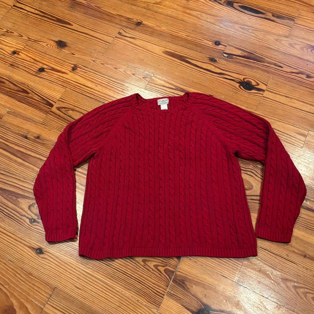 VTG 90s LL Bean Womens Red Cable Knit Sweater 100% Cotton XL Preppy Old Money